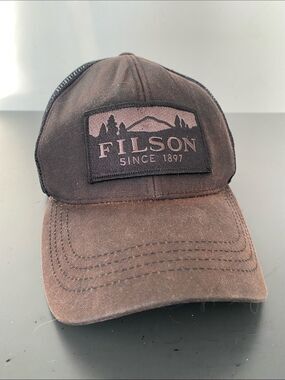 VTG Filson Rustic Brown Canvas & Black  Patch Trucker Cap OS Gorpcore Outdoor